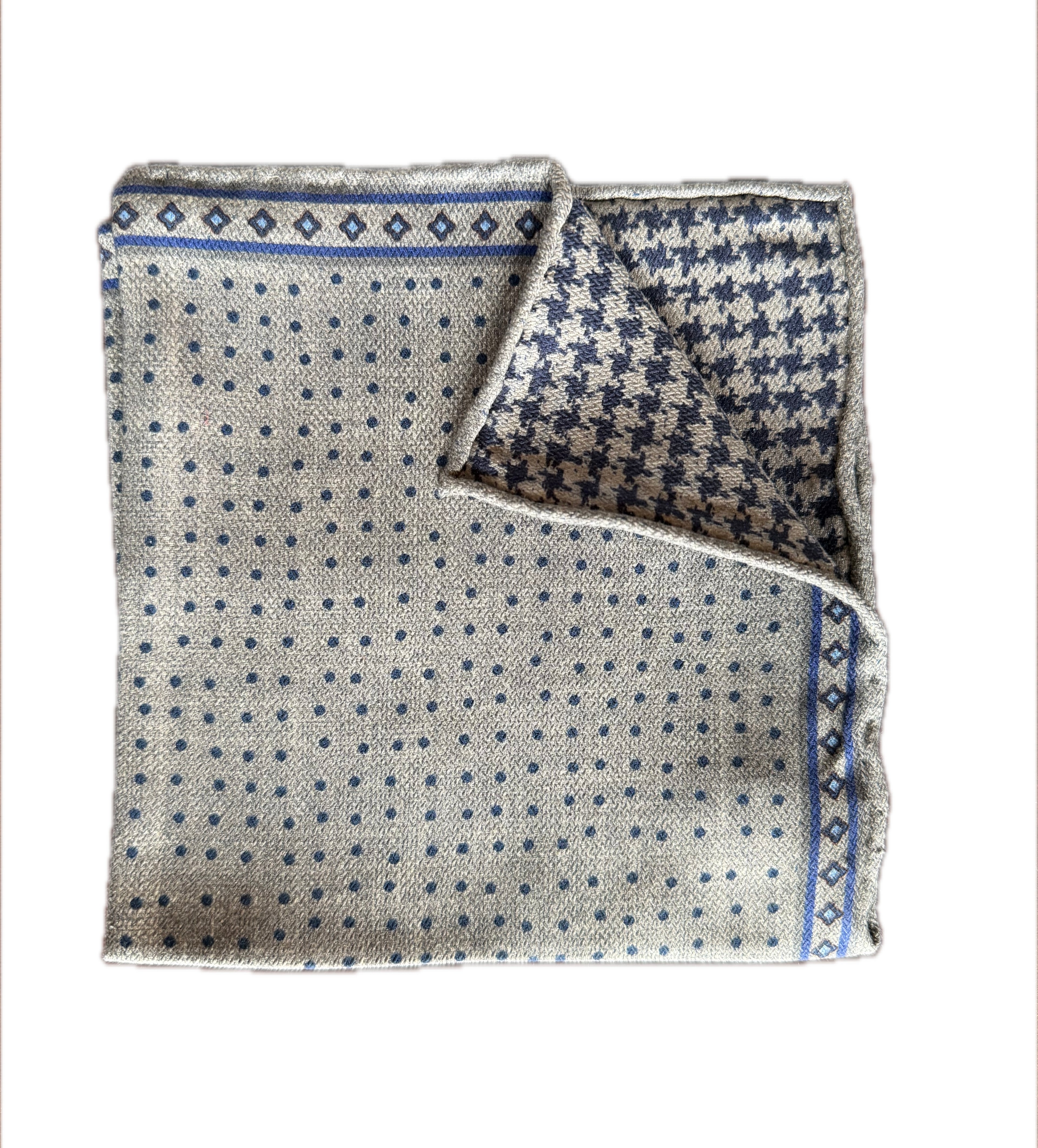 Reversible Blue & Gray Pocket Square with Polka Dot and Houndstooth Design