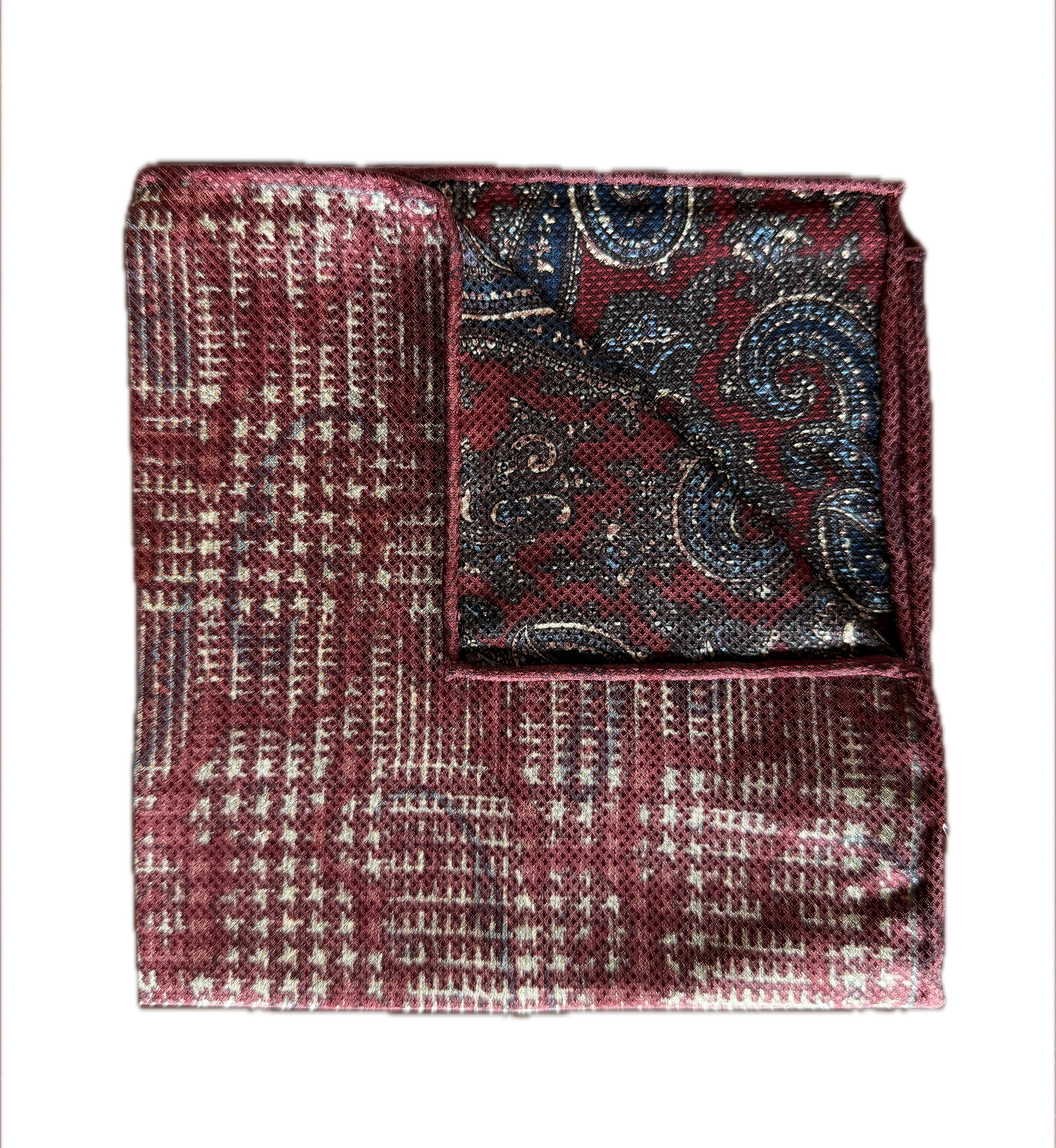 Reversible Burgundy Pocket Square with Textured Grid and Paisley Design