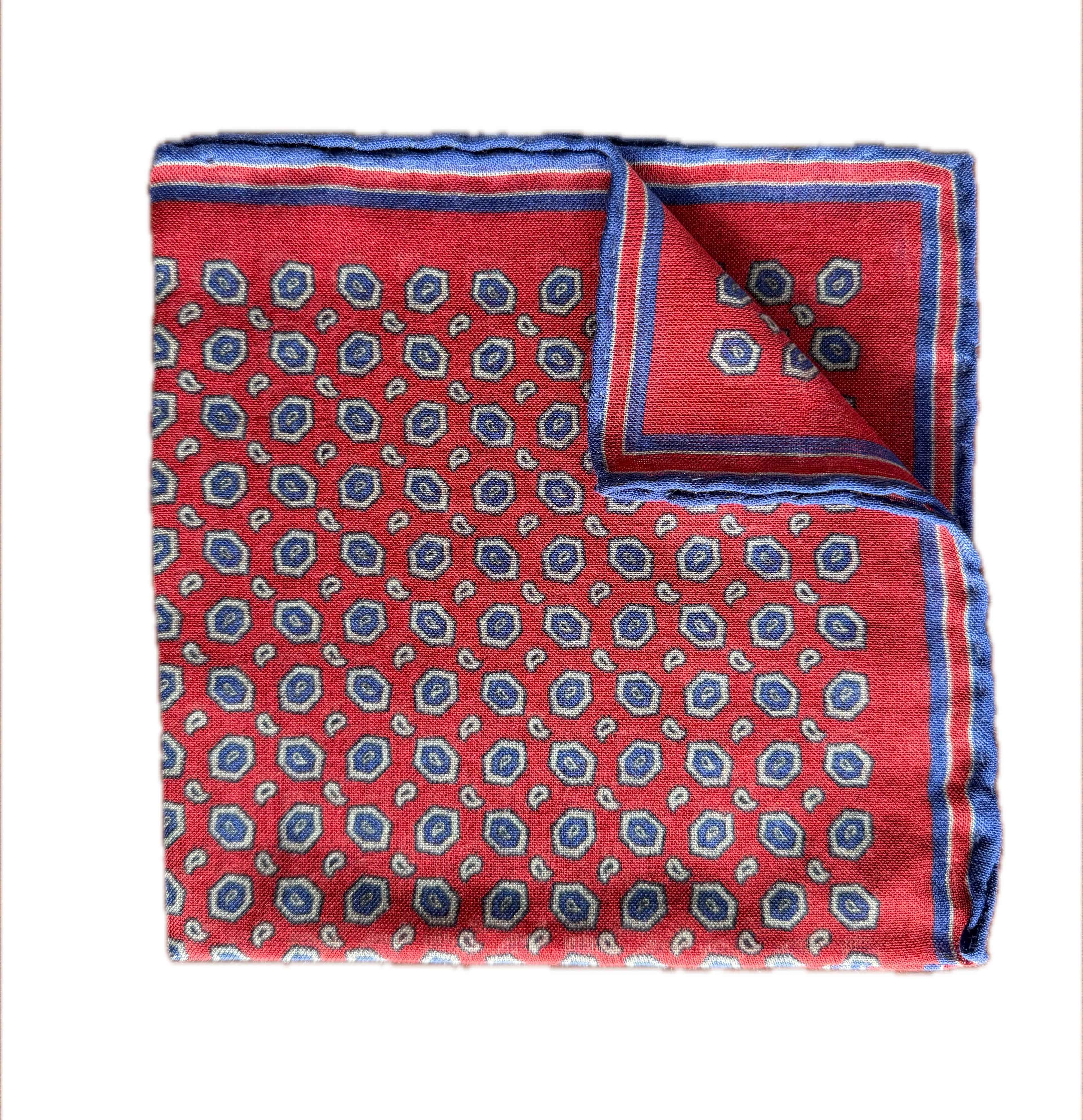 Red Pocket Square with Blue Medallion Pattern and Contrast Border