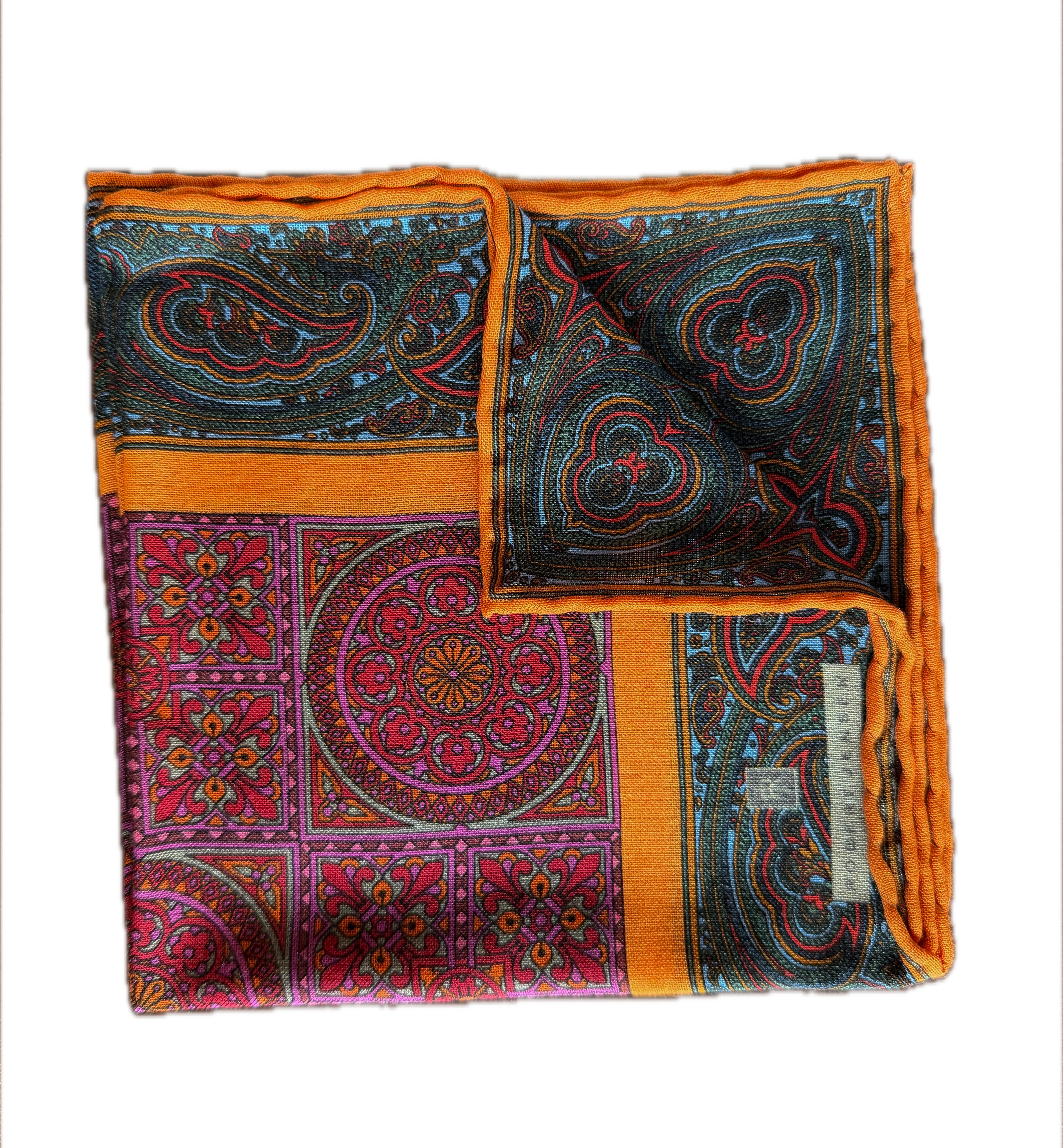 Multicolor Pocket Square with Paisley and Medallion Patchwork Design
